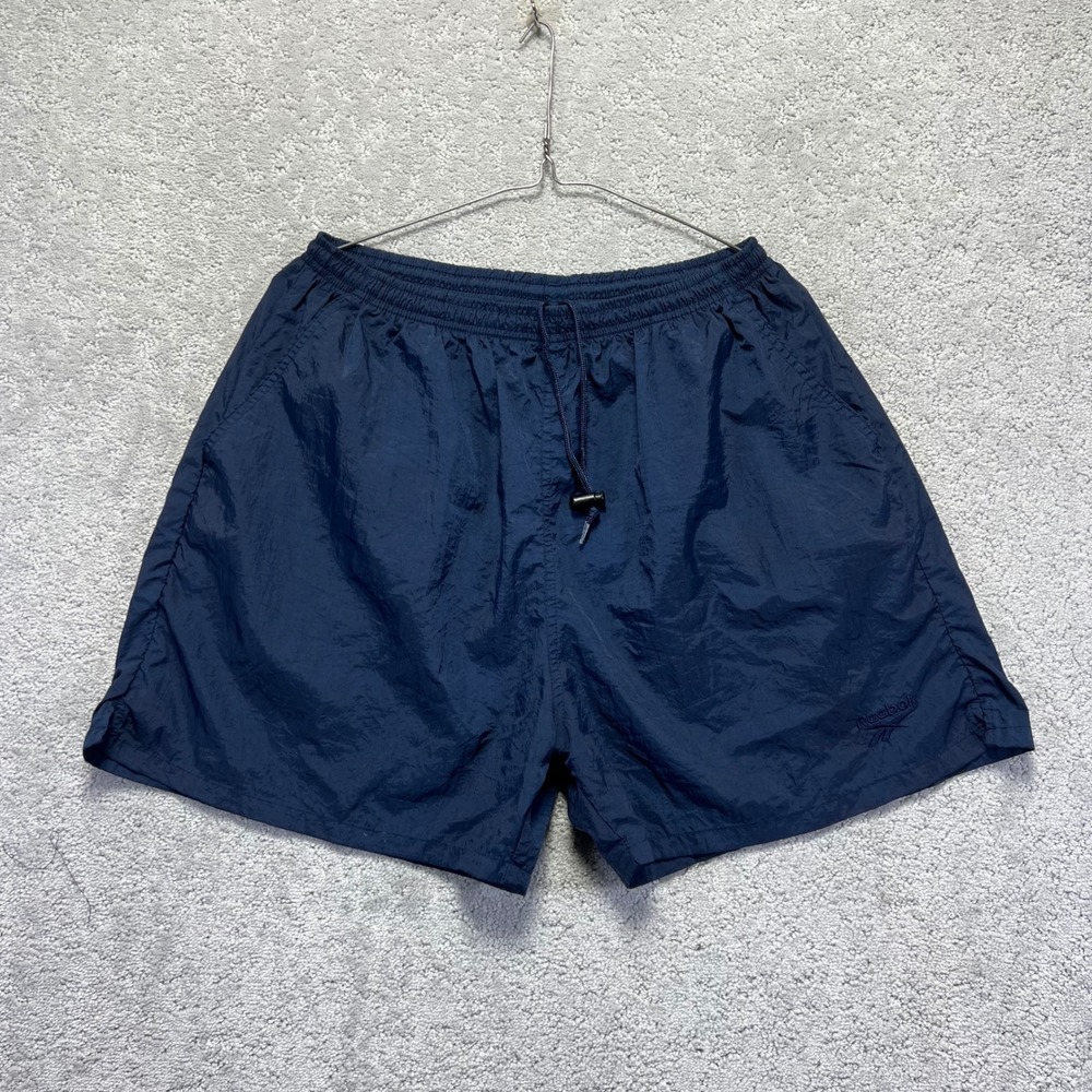 VINTAGE Reebok Shorts Mens XL Navy Blue Nylon Windbreaker Athletic Drawstring
